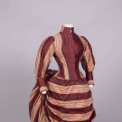 DRAMATICALLY STRIPED COTTON SATEEN DAY DRESS, c. 1889